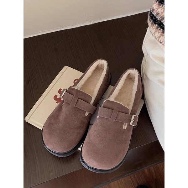 Giày loafer lười búp bê đế bằng lót lông vintage có đai mùa đông ấm áp dễ thương ulzzang Hàn Quốc Yannie