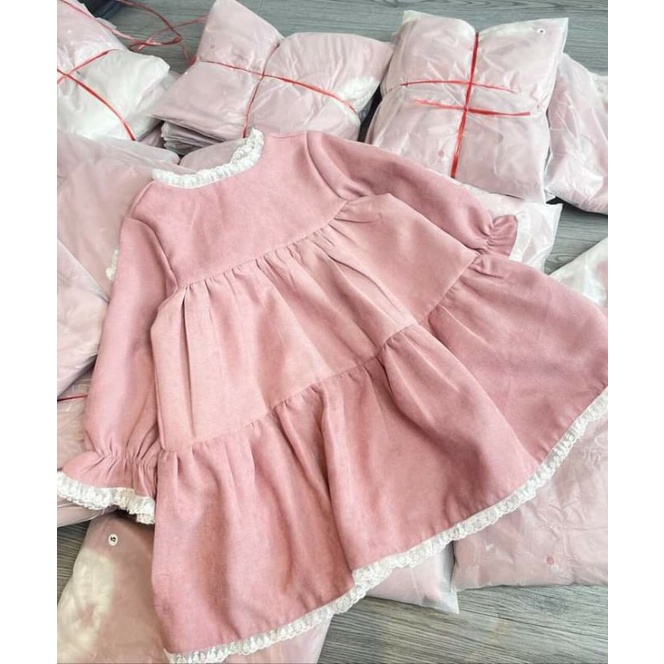 Váy nhung phối ren trắng tiểu thư Babies'Mo xuất hàn cho bé gái 1-5y