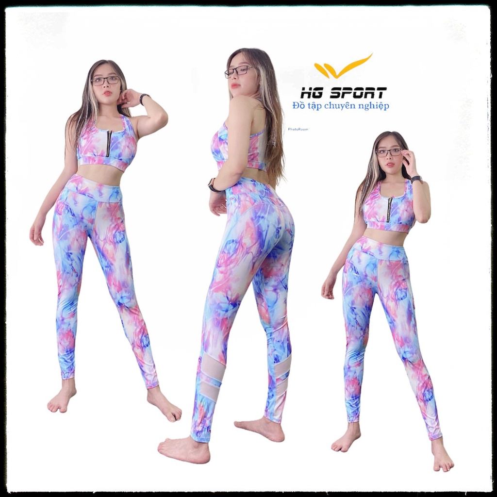 Bộ tập Gym, Yoga, Zumba, Aerobic nữ,quần dài áo bra  set kéo khoá phối lưới cao cấp Hg Sport SDBR05