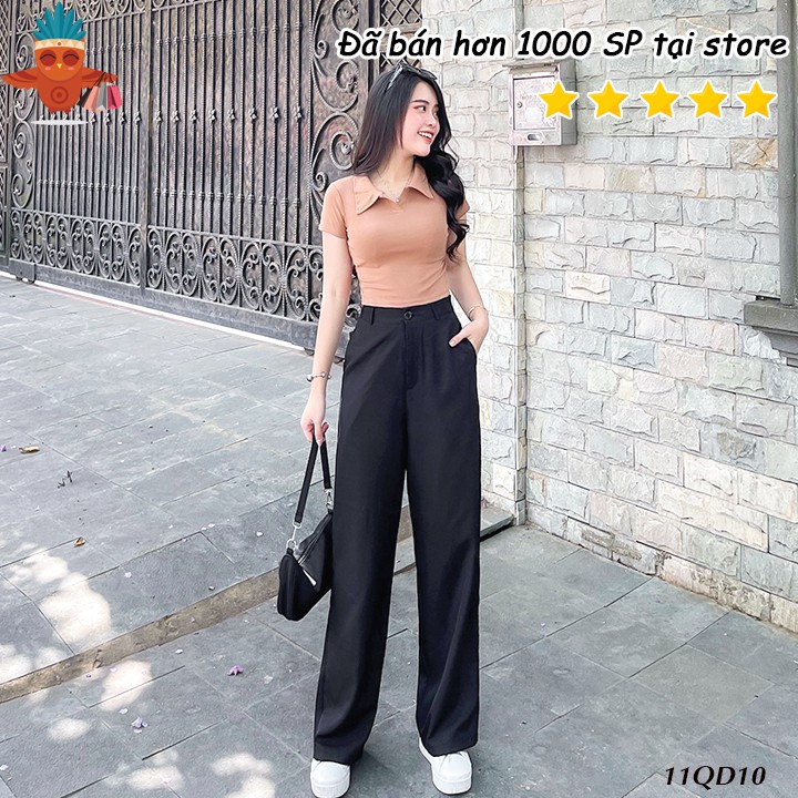 Quần dài nữ ống rộng trơn đen THOCA HOUSE basic đơn giản phối mọi trang phục cho nàng | BigBuy360 - bigbuy360.vn