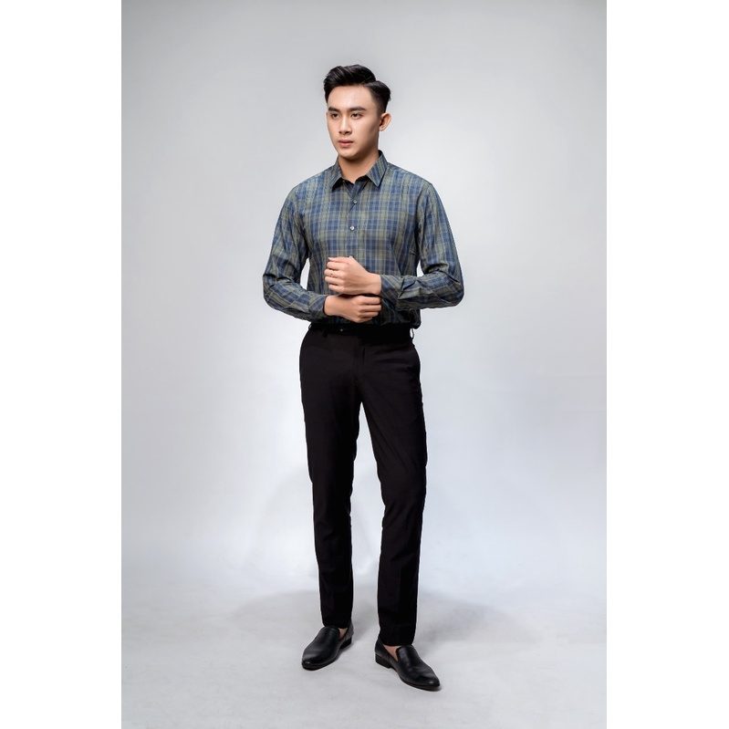 Áo sơ mi nam dài tay OWEN AS23219D somi công sở vải sợi tre cao cấp màu kẻ caro navy rêu dáng ôm tà lượn không túi