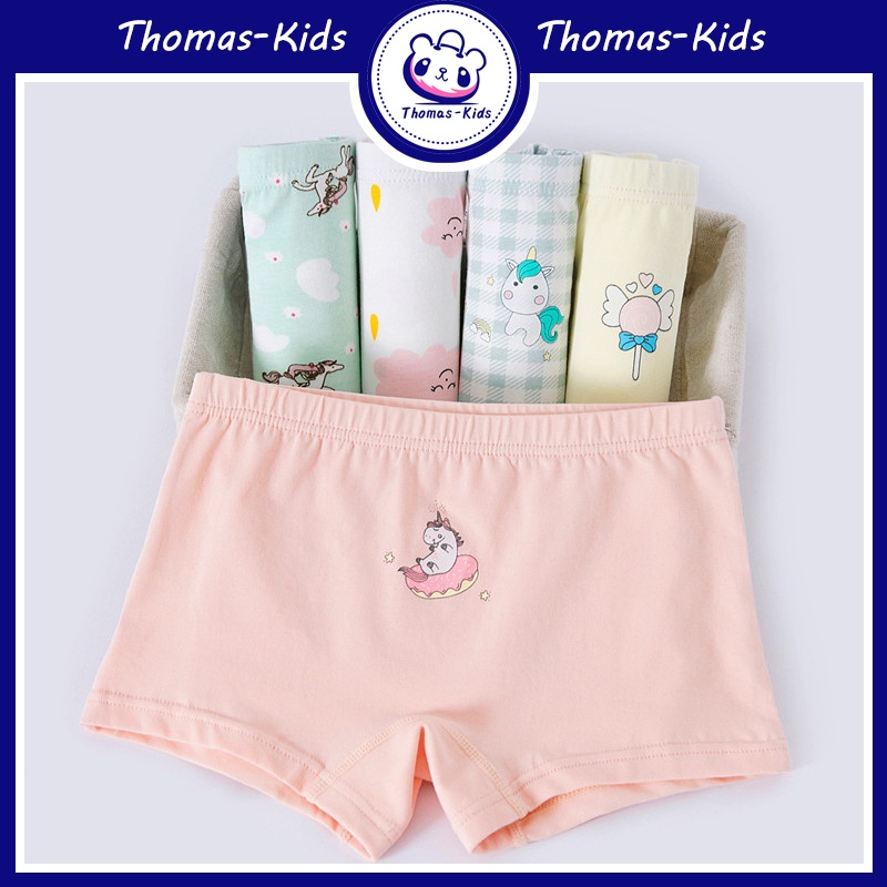 [THOMAS KIDS] Set 5 Quần Lót Boxer Cotton Họa Tiết Kỳ Lân Hoạt Hình Cho Bé Gái 3-12 Tuổi