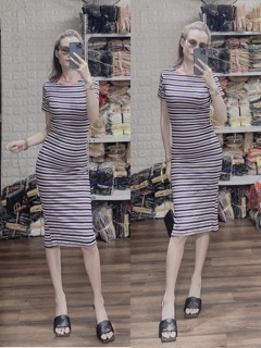 Váy body cộc tay cổ viền kẻ nhiều màu xẻ sau váy body sang chảnh Annastore🔥