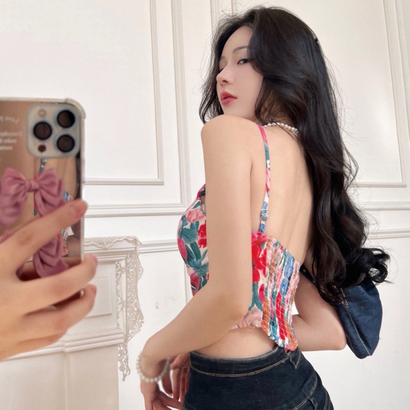 Áo Hai Dây Cổ Chữ V In Họa Tiết Hoa Phong Cách Hàn Quốc Thời Trang Cho Nữ