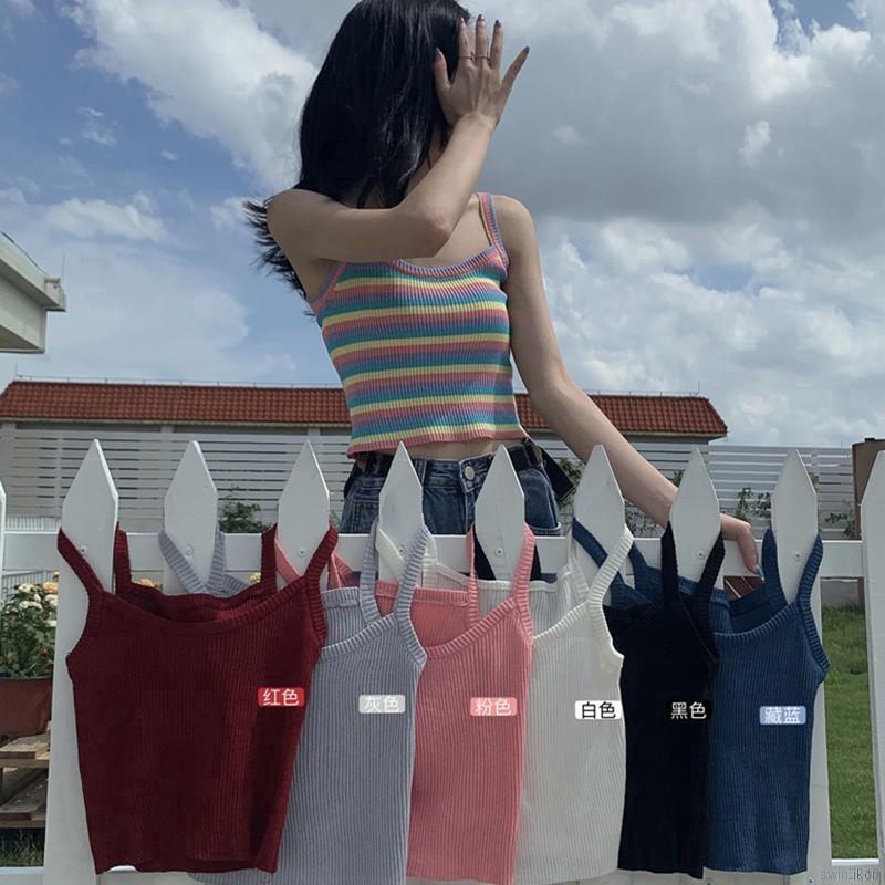 Áo Croptop Áo sát nách hoạ tiết kẻ sọc thiết kế thanh lịch cho phái nữ