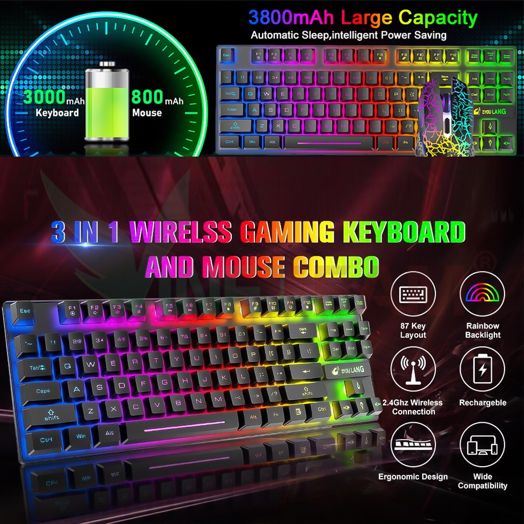 Combo Bàn Phím Chuột  không dây Cho Máy Tính Gaming Có Đèn Led Pin Sạc Vinetteam T87 Tặng Kèm Lót Chuột Game -4749