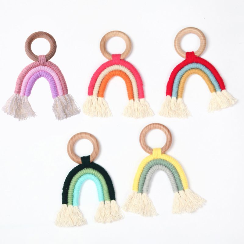 Đồ Chơi Gặm Nướu Bằng Cotton Phối Ren Và Tua Rua Màu Cầu Vồng Phong Cách Boho Cho Bé