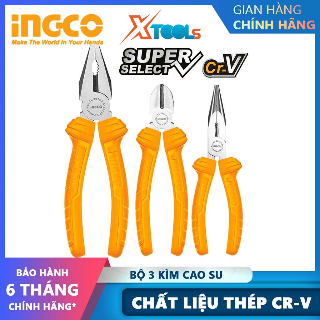 Combo 3 Kìm Cao Su Cơ Bản Ingco HKPS08311 | Kìm mũi kim kích thước 8&quot;&quot;/ 180mm hỗ trợ cắt dây, Kẹp đai ốc, Cắt viền, Kẹp
