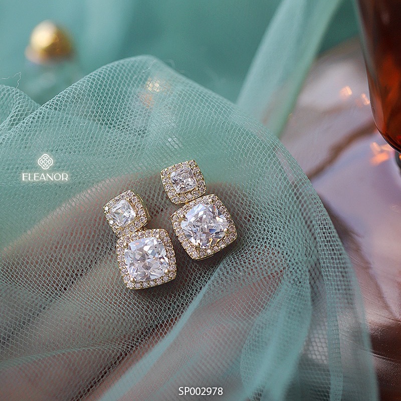 Bông tai nữ chuôi bạc 925 Eleanor Accessories hình vuông đính đá phụ kiện trang sức 2978
