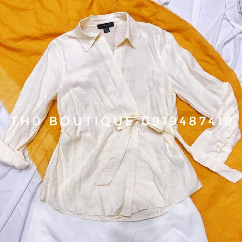 Áo sơ mi PRIMARK đũi linen cổ V vạt chéo thắt nơ tay dài màu vàng kem