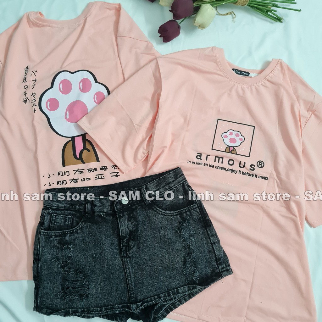Áo thun tay lỡ nữ freesize phông form rộng dáng Unisex, mặc lớp, nhóm, cặp in chữ AR MOUS hình BÀN CHÂN MÈO màu hồng | BigBuy360 - bigbuy360.vn