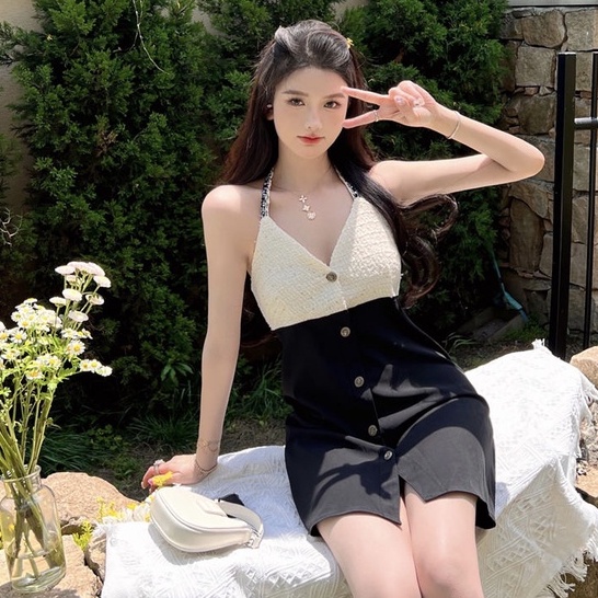 Đầm Hai Dây Ôm Dáng Phối Màu Đối Lập Phong Cách Hàn Quốc Thời Trang Mùa Hè Cho Nữ