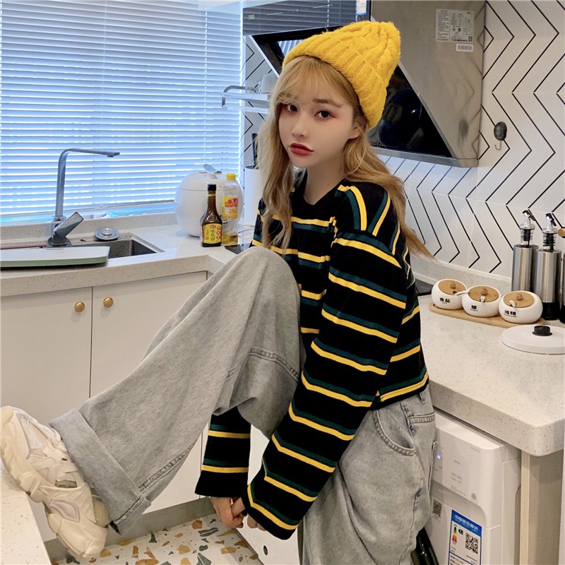 Long Sleeve Striped T-shirt loose retro fashion crew neck | BigBuy360 - bigbuy360.vn
