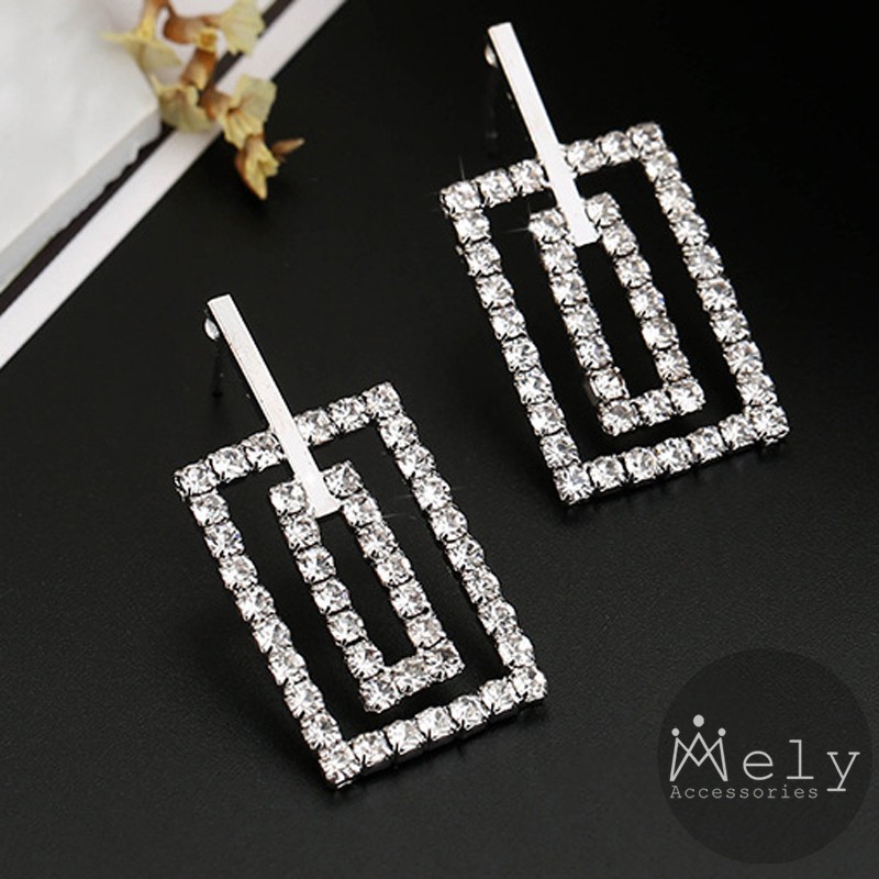 Bông tai đính đá vuông hợp kim mạ điện không gỉ cao cấp - Mely VV29