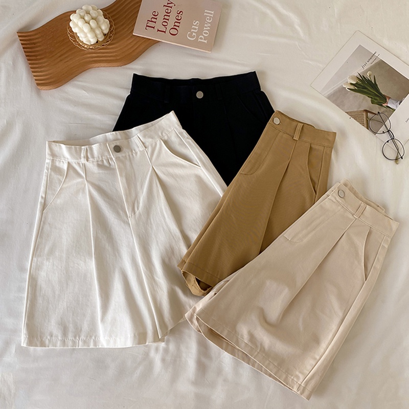 Quần short nữ ống rộng Lưng cao Dáng suông Mùa Hè Quần Sooc đùi nữ Cạp cao Ống rộng Hàn Quốc