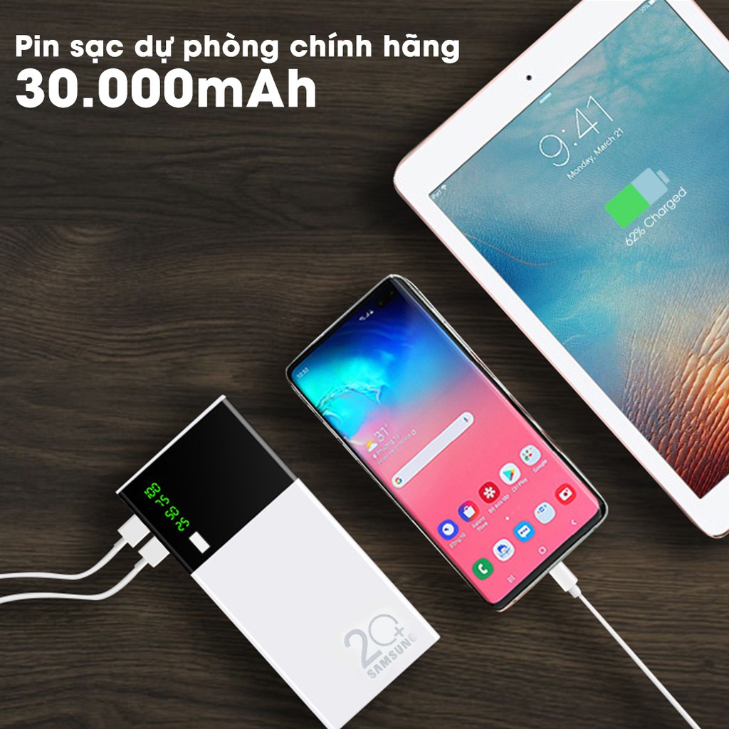 Sạc Dự Phòng 30000mAh Tích Hợp Sạc Nhanh Fast Charge Mặt Kính hiển thị pin. 2USB Có Đèn nhỏ gọn siêu tiện lợi