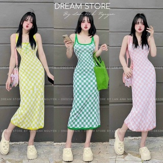 Đầm 2 dây họa tiết sọc caro ôm body đuôi váy xòe nhẹ dáng dài chất thun gân