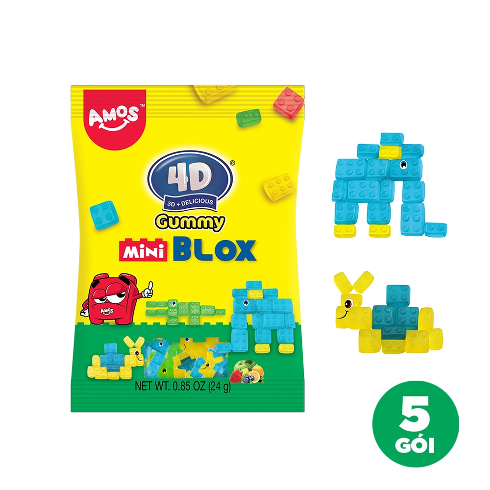 Kẹo Dẻo Amos 4D 72g hình khủng long, trái cây, robot, khối ghép, thức ăn nhanh, gấu, nhân dâu, nhân đào, cầu vồng