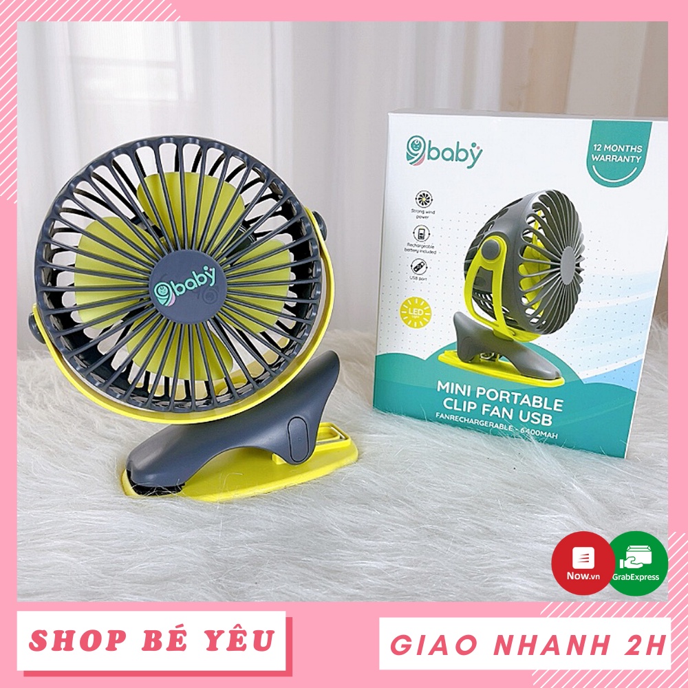 Quạt mini tích điện 𝑭𝒓𝒆𝒆𝒔𝒉𝒊𝒑  Quạt kẹp xe đẩy, tích điện chạy liên tục tới 32 tiếng 9BABY màu xám xanh