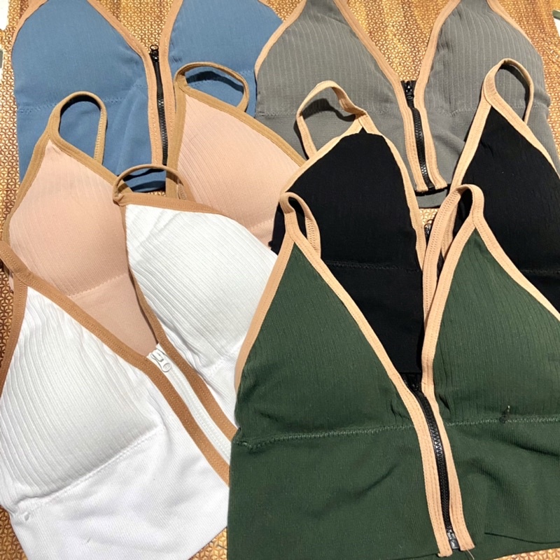 Áo bra khoá kéo cổ V có đệm ngực 2 dây co dãn Áo hở vai khoét nách tập gym yoga viền nâu