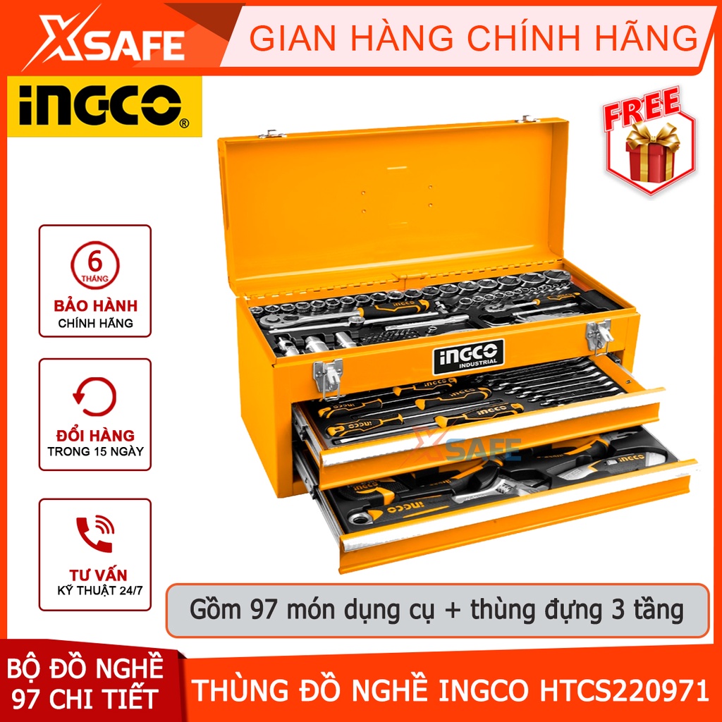 Bộ đồ nghề 97 chi tiết INGCO HTCS220971 Thùng đồ nghề 3 ngăn gồm 97 loại dụng cụ điện cơ bản [chính hãng] [xsafe]