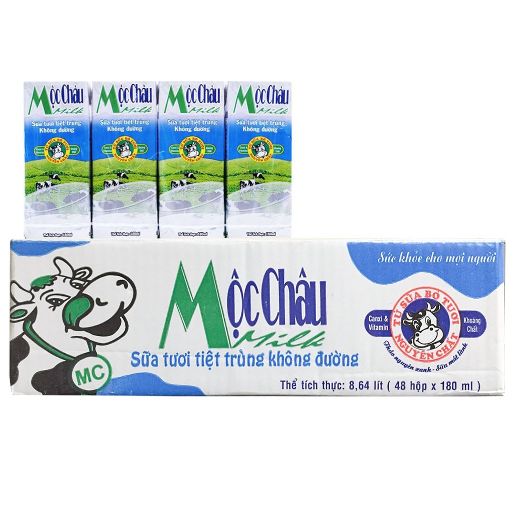 Sữa Tươi Tiệt Trùng Mộc Châu Không Đường Thùng 48 Hộp x 180ml