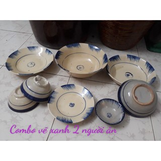 Bộ chén dĩa sành vẽ xanh kiểu xưa 2 người ăn/combo