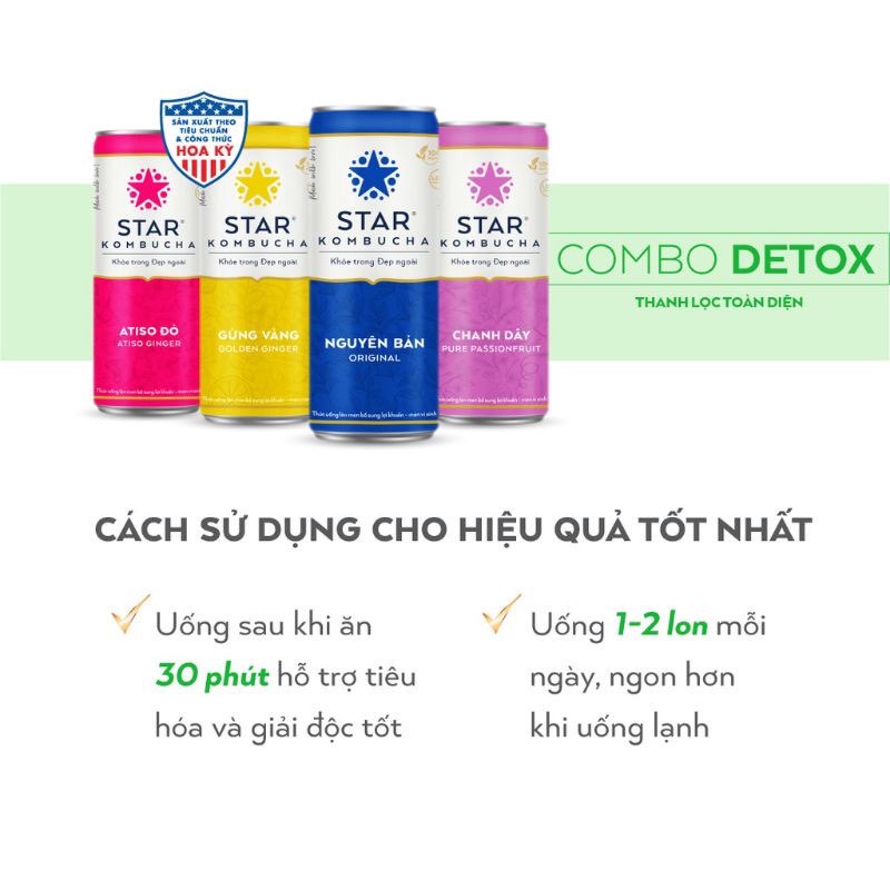 Combo 4 lon trà STAR KOMBUCHA mix vị - Detox Pack (250ml/lon) - Trà lên men vi sinh chứa probiotics giúp bảo vệ sức khoẻ