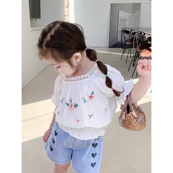 Sét bộ thêu hoa, thêu tim quần HONEYBEE siêu yêu cho bé gái từ 8-20kg