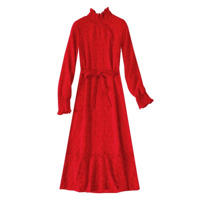 Váy liền Màu Đỏ ren mẫu mới mùa thu và mùa đông có thêm lớp nhung cao cấp Pháp váy màu đỏ pháp dáng dài trung bình