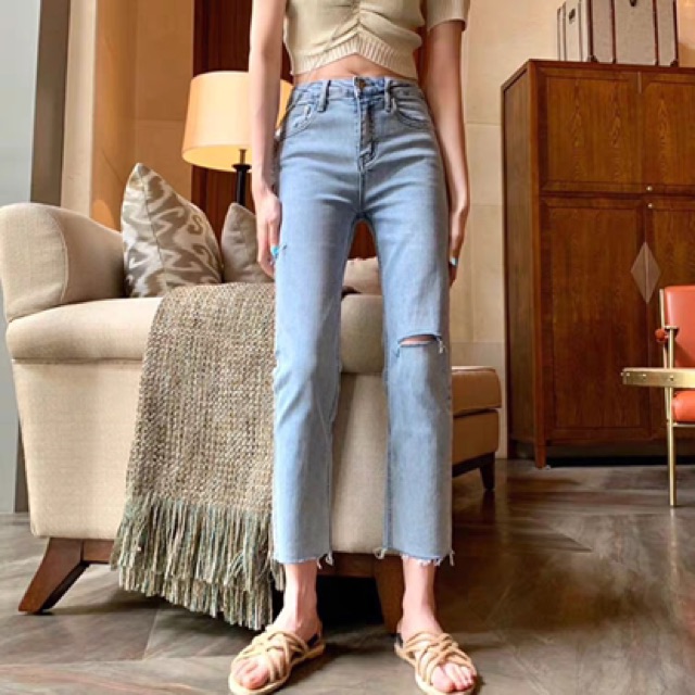Quần slim baggy jeans lưng cao rách sườn ver.2 form ulzzang kèm ảnh thật hàng sẵn