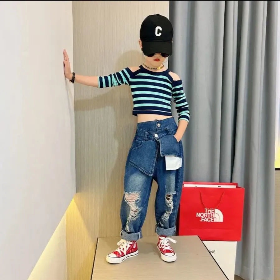 Gmn Set Áo Thun Tay Dài Hở Vai Phối Quần Jean Rách Thời Trang Mùa Thu Cho Bé Gái