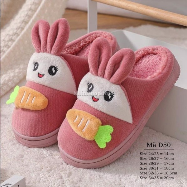 DÉP BÔNG ĐI TRONG NHÀ CHO BÉ GÁI HỌA TIẾT THỎ GẶM CÀ RỐT SIÊU DỄ THƯƠNG LÓT LÔNG ẤM ÁP D50