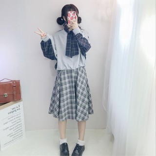 Set áo sơ mi nữ tay dài + váy dài lưng cao sọc caro ulzzang ( 2 màu ) có bán riêng