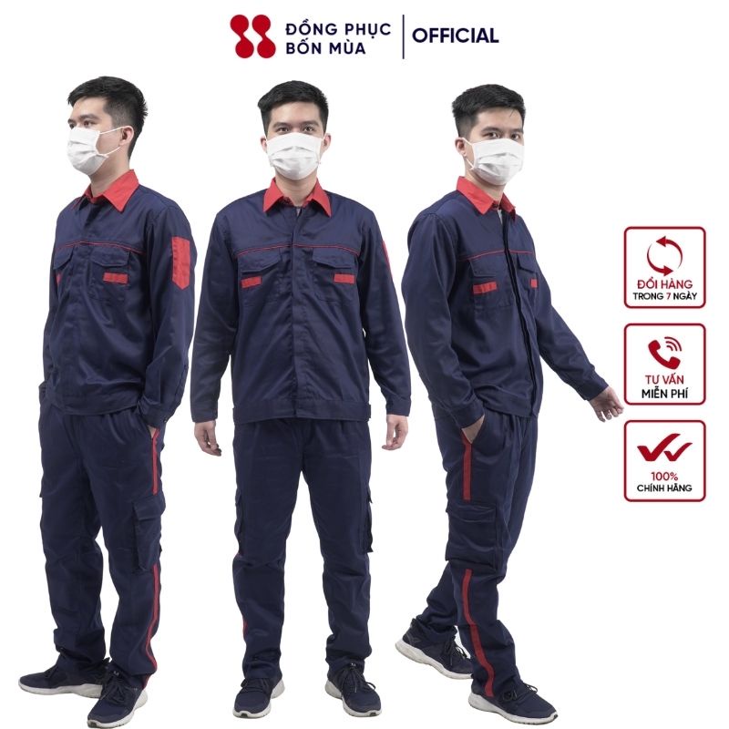 Quần áo bảo hộ lao động thương hiệu Đồng Phục Bốn Mùa chất vải kaki phối màu dày dặn, bền bỉ, thoáng mát khi sử dụng