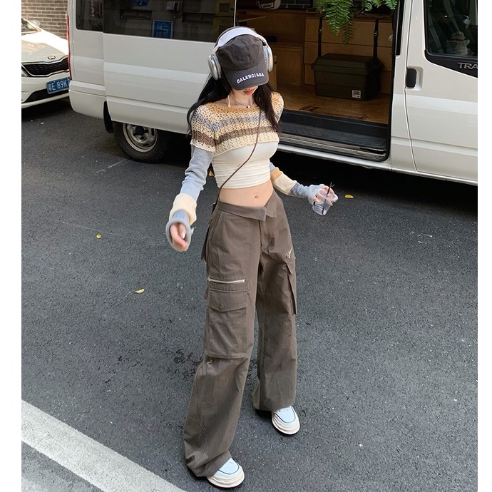 QKOOLE Áo croptop  dệt kim tay dài phong cách cổ điển Hàn Quốc cho nữ