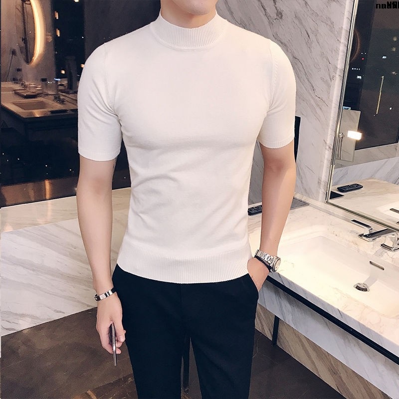 Áo len tay ngắn cổ lọ dáng ôm phong cách Hàn Quốc thời trang 2019 cho nam