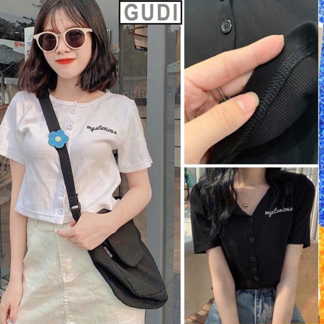 Áo Croptop Cúc Dọc thêu chữ Mysterious dáng ôm(kèm ảnh thật)
