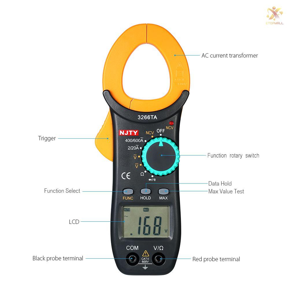 Đồng hồ kẹp kỹ thuật số NJTY 2000 vạn năng tự động với NCV kiểm tra điện áp AC / DC màn hình LCD đo điện trở