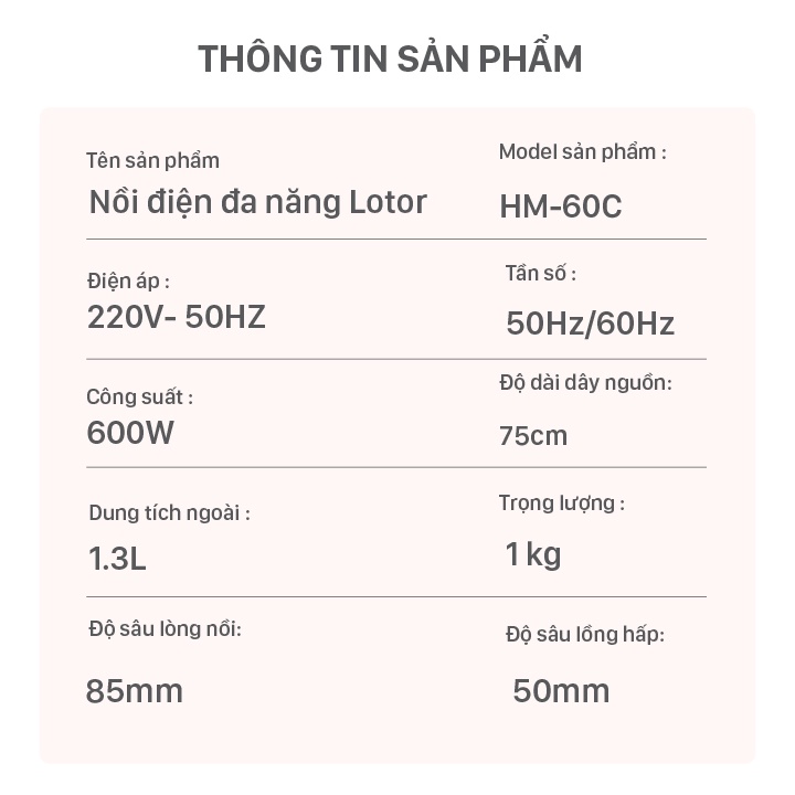 [Mã ELHADEV giảm 4% đơn 300K] Nồi Điện Đa Năng Lotor HM-60C 1.3 Lít, Bảo Hành 12 Tháng