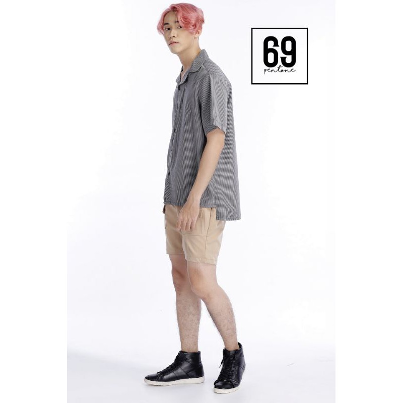 ( Mã Giảm 20%) Áo Sơ Mi Sọc Ngắn Tay Cổ Vest Dáng Rộng Unisex