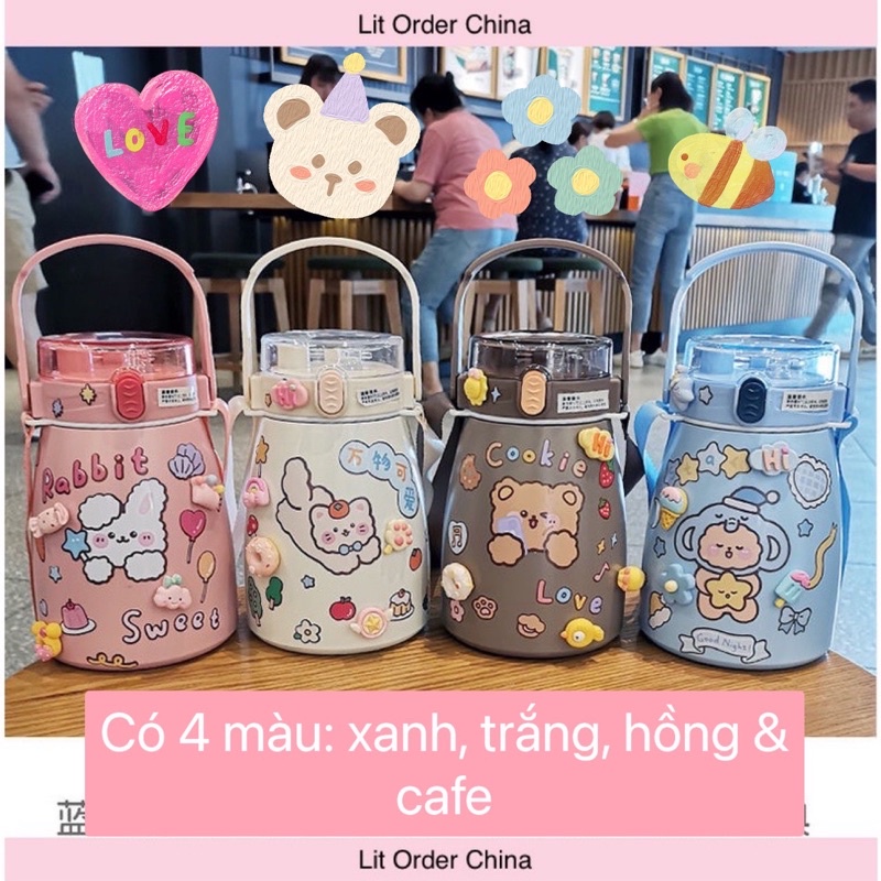 LIT Bình giữ nhiệt cute full sticker 2D 3D kèm quai đeo dung tích 900ml