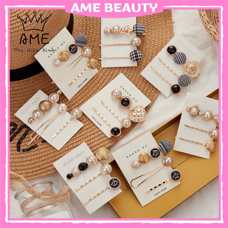 Bộ kẹp tóc đính đá cặp tóc mái sang chảnh Hàn Quốc Ame Beauty
