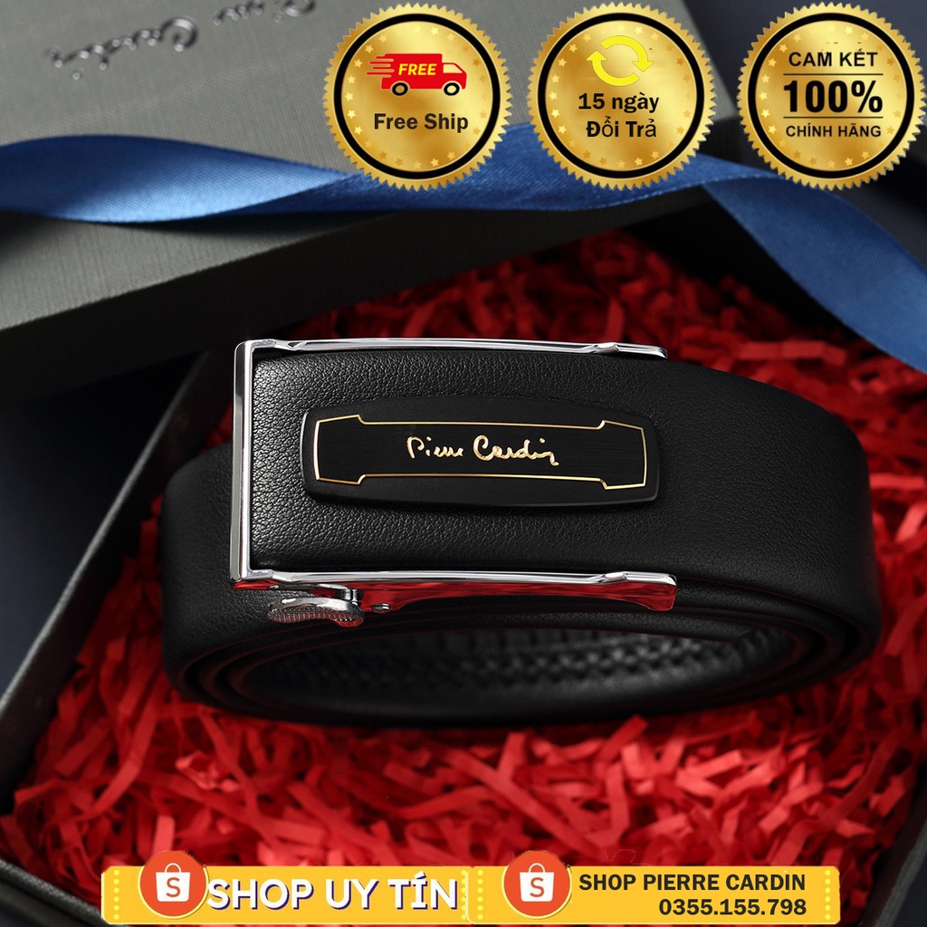 Thắt lưng Pierre cardin gài trong, logo vàng, hộp gỗ
