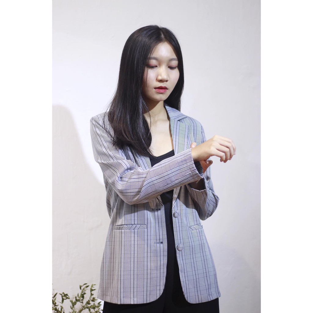 Áo vest blazer nữ KHÀN màu caro xám kẻ trắng áo khoác công sở tay dài 1 lớp phong cách Hàn Quốc | BigBuy360 - bigbuy360.vn