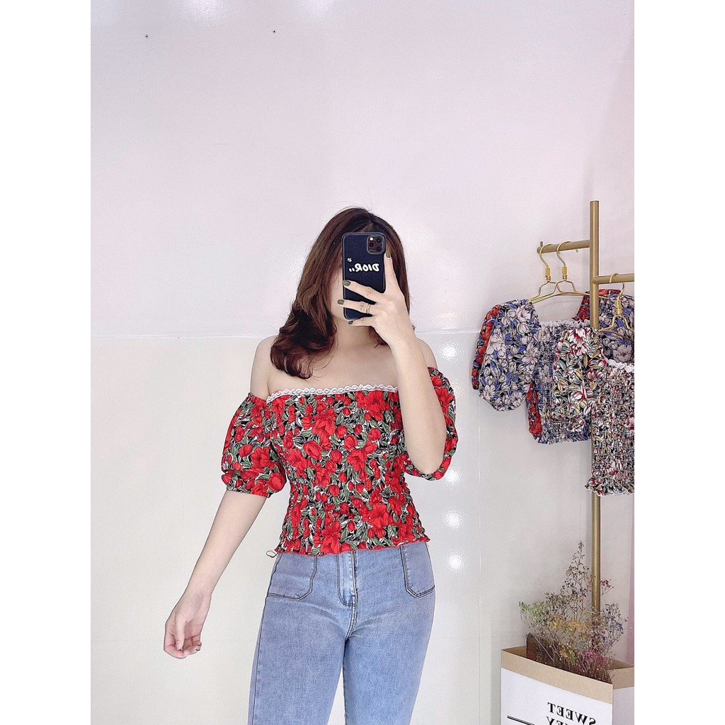 Áo Kiểu Voan Hoa Nhí Thân Nhún Tay Ngắn Bẹt Vai Thời Trang TTSA0558