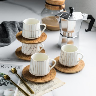 Cốc sứ nhỏ thưởng trà cà phê họa tiết sọc vàng (không kèm thìa), ly, tách uống nước: 1.2.14
