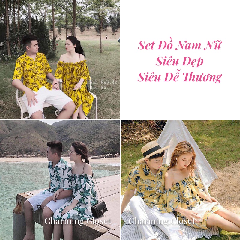 [Ảnh thật] Set Đồ Đôi Nam Nữ Đi Biển Siêu Đẹp, Áo Sơ Mi Hoa Lá Váy Nữ Maxi Trễ Vai Đẹp Mát