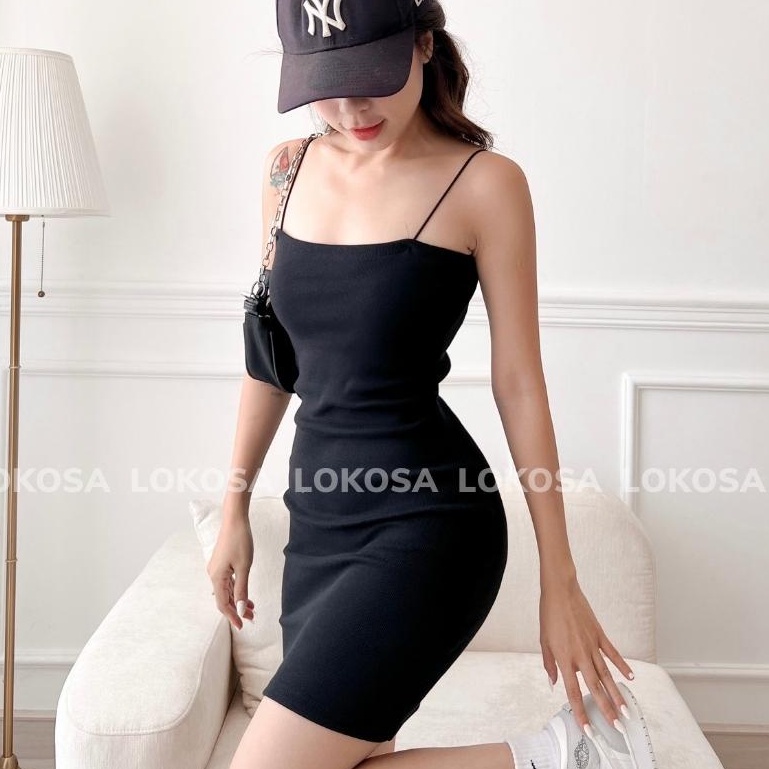 Váy Body 2 Dây LOKOSA Đầm Ôm Body Sợi Bún Dáng Dài Sexy Dự Tiệc Cưới Thun Gân Màu Đen Trắng VD059