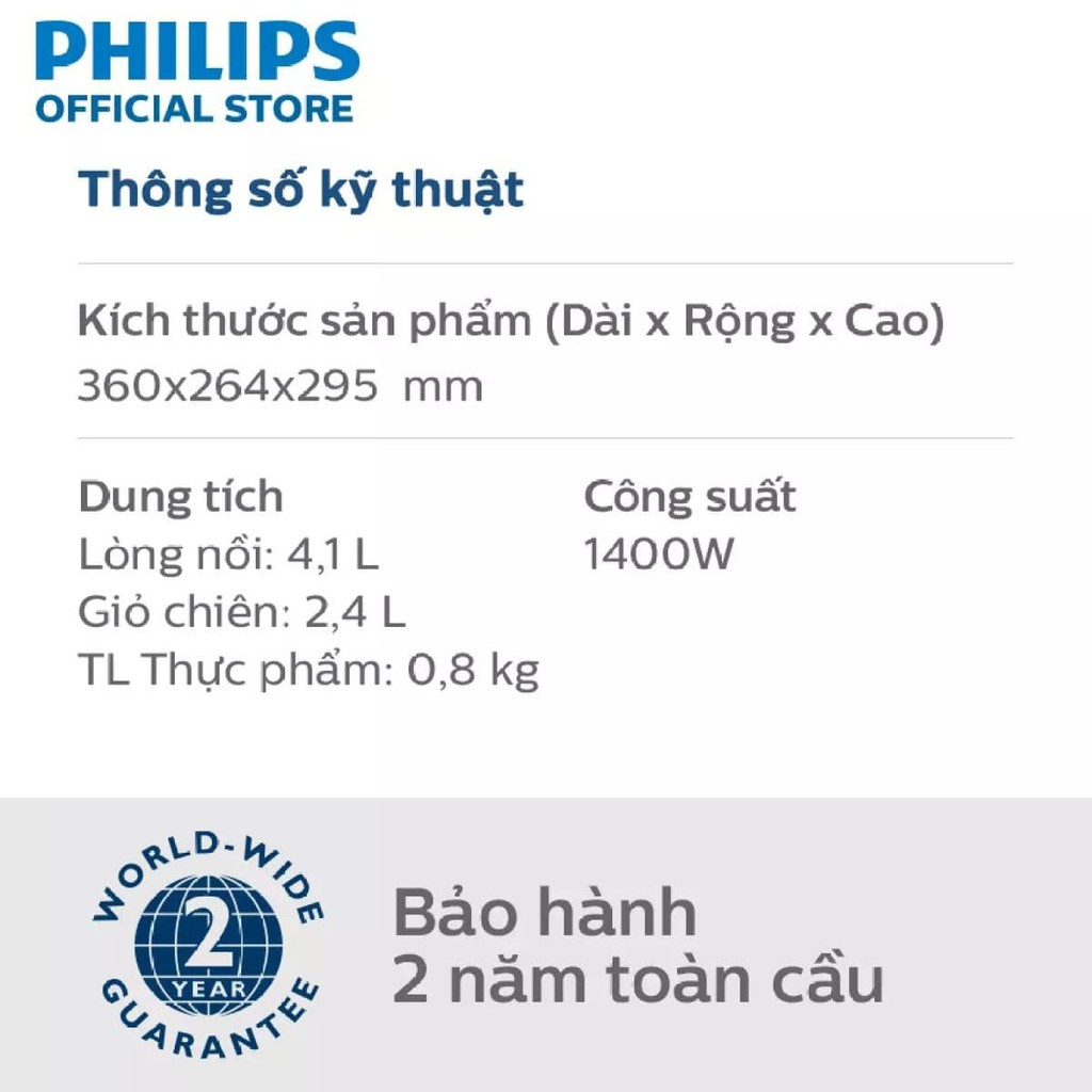 [CHÍNH HÃNG] Nồi chiên không dầu Philips HD9200 - Lòng nồi 4.1L, giỏ nướng 2.2L